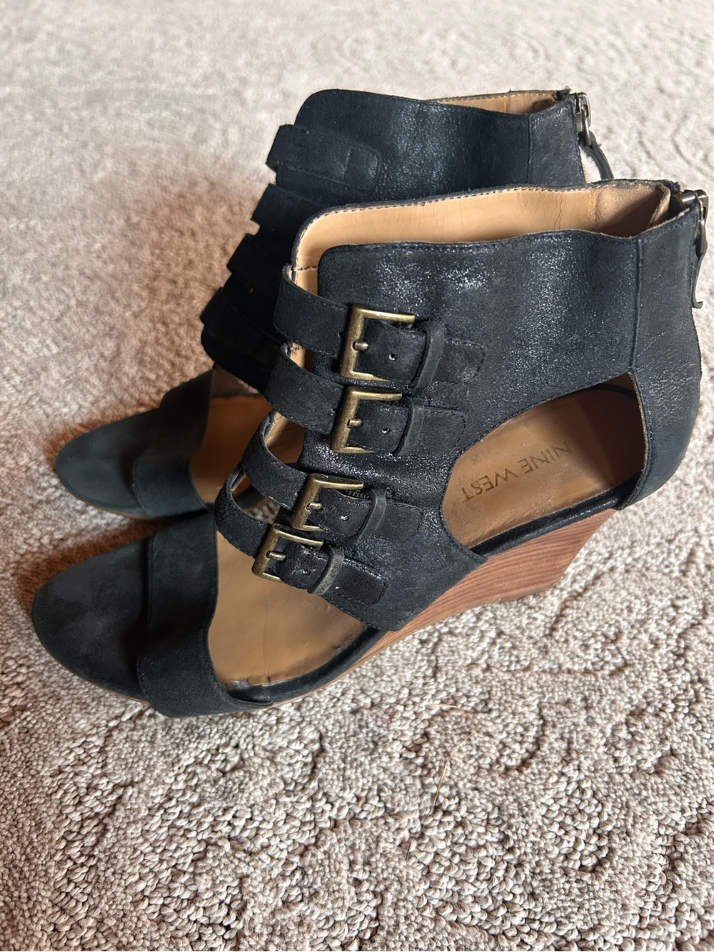 Nine West Black and Tan Wedge Sandals